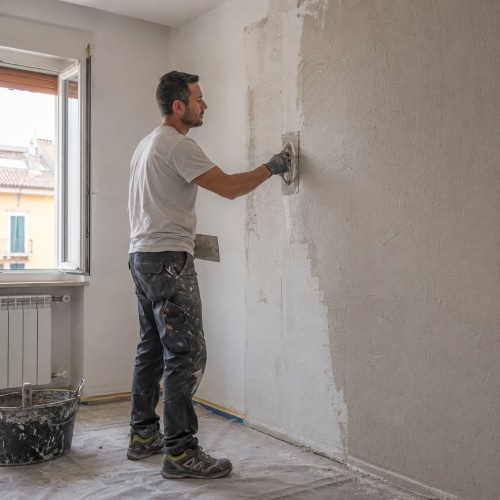 Muratore che applica intonaco su una parete interna in un’abitazione in ristrutturazione.