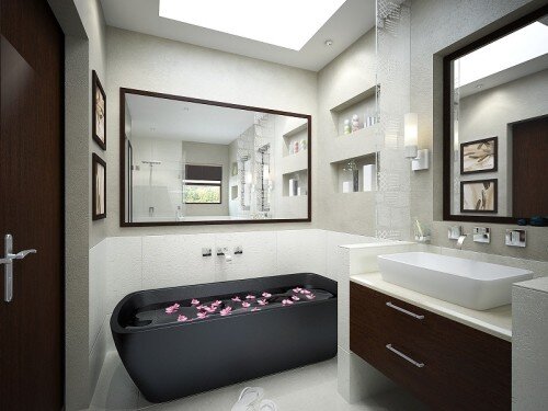 Bagno moderno con vasca color nero e arredi marrone e pavimentazione bianca