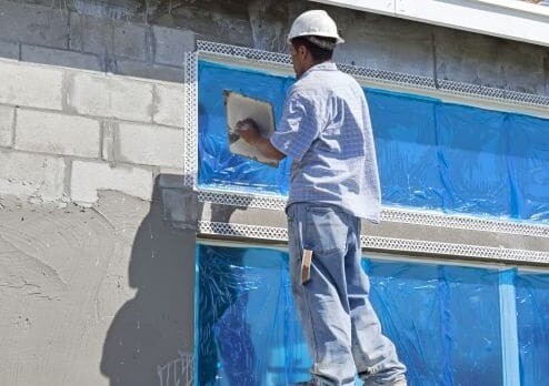 Operaio che lavoro su parete esterna di casa in ristrutturazione