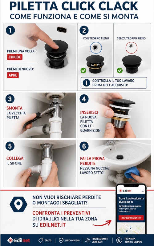 Infografica che mostra come si monta una piletta clic clac passo passo Installazione piletta clic clac fai da te: passo passo