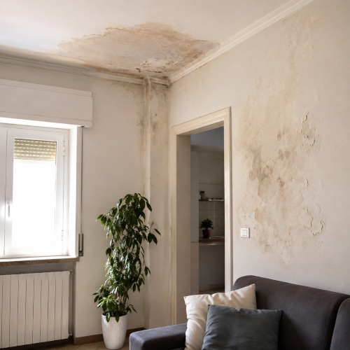 Segnali di infiltrazioni d’acqua su muro e soffitto in casa.