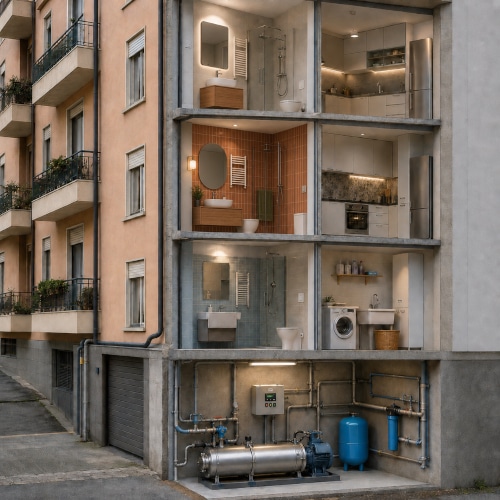 Autoclave per condominio installata nel locale tecnico di un edificio residenziale con vista in sezione degli appartamenti