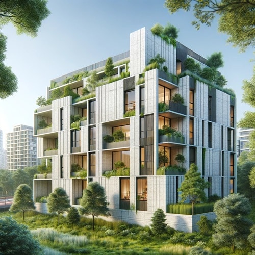 Edificio moderno sostenibile in biomattone con verde circostante. Materiali da Costruzione Sostenibili: Vantaggi e Opzioni.