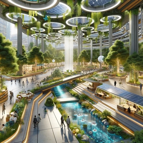 Parco urbano futuristico con materiali riciclati e illuminazione solare