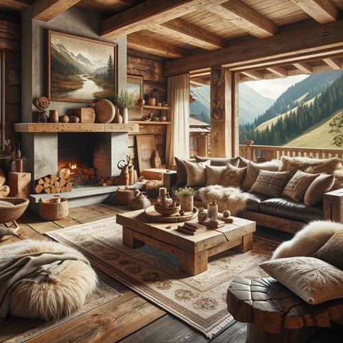 Accogliente salotto di baita in montagna con arredamento in stile rustico