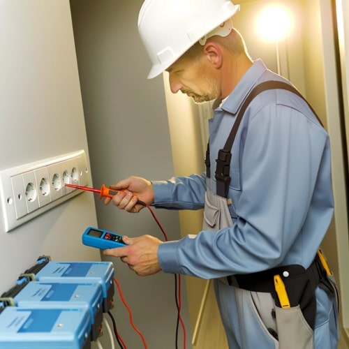 Tecnico che ispeziona l'impianto elettrico in fase di manutenzione preventiva
