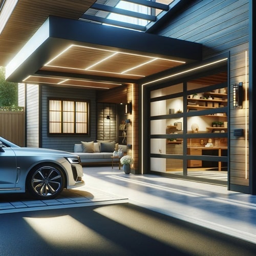 Moderno garage ben illuminato con porta sezionale elegante.