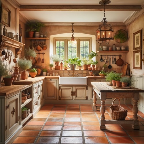 Cucina accogliente con tonalità beige e dettagli in legno rustico e idropittura alle pareti
