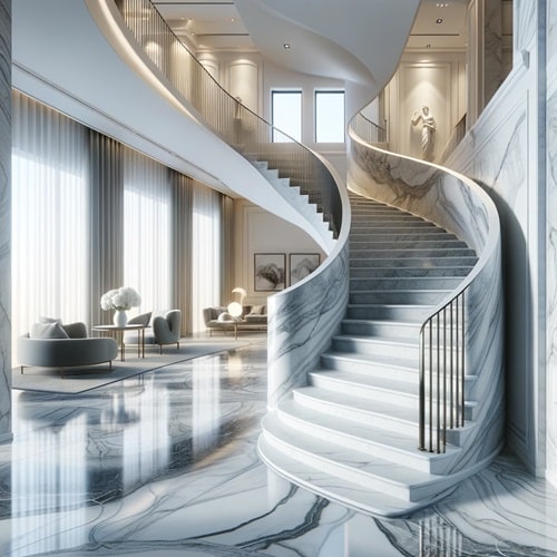 Scala interna in marmo che unisce stile moderno e classico in uno spazio luminoso