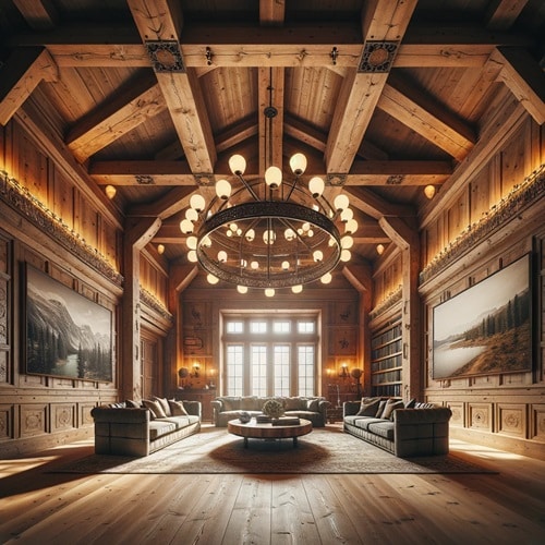 Illuminazione soffitto in legno con travi a vista.