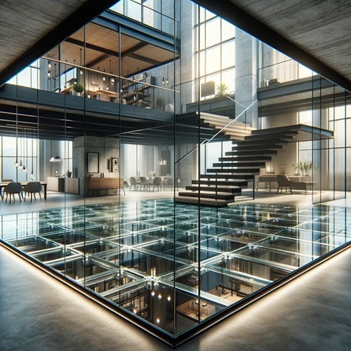 spazio commerciale con pavimento in vetro calpestabile