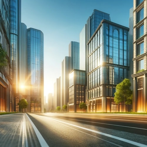 Città moderna con edifici sostenibili in materiali innovativi come vetro, mattoni e cemento biodinamico.