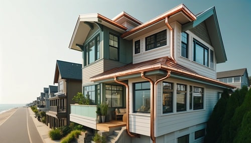 Casa moderna con grondaie in alluminio e in rame. 
