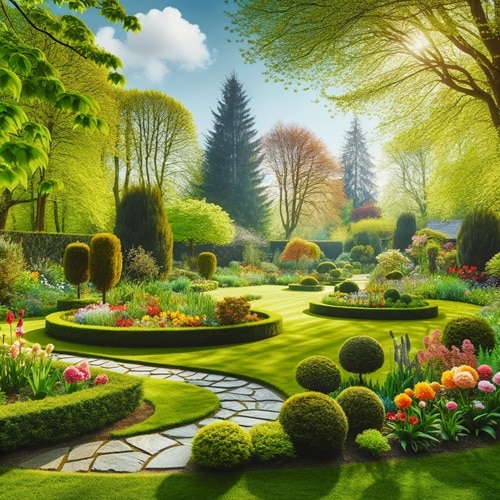 Illustrazione dei risultati della manutenzione giardino in uno spazio pubblico ben curato con prato verde. 