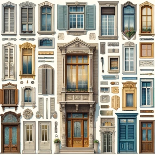Vari tipi di finestre di casa sulla facciata di un'abitazione in stile