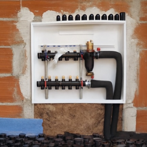 Collettore di distribuzione per riscaldamento idronico a pavimento installato in parete grezza con mattoni a vista.