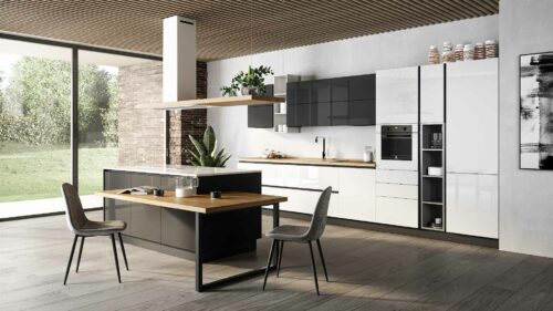 Cucina moderna con isola centrale in marmo e design minimalista