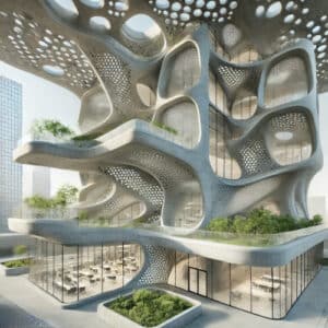 rendering futuristico di una casa in argilla con elementi di verde nell'architettura dalle forme morbide e sinuse