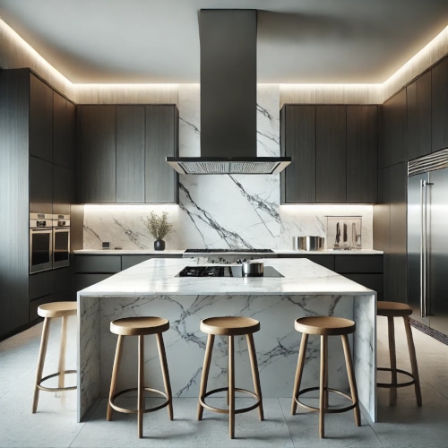 Immagine di una cucina moderna e minimalista con isola centrale in pietra sinterizzata e cappa con illuminazione a led