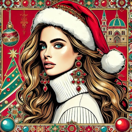 Rappresentazione in stile pop art di Chiara Ferragni che svela i suoi segreti per le decorazioni di Natale VIP