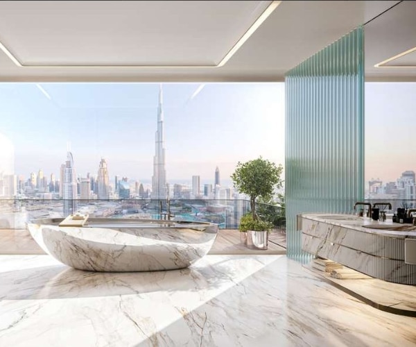 Rendering di un bagno di lusso in una delle Sky Mansion Penthouses come quella comprata da Bocelli a Dubai.