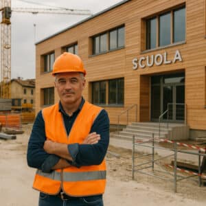 Un cantiere di una nuova scuola in legno in costruzione.