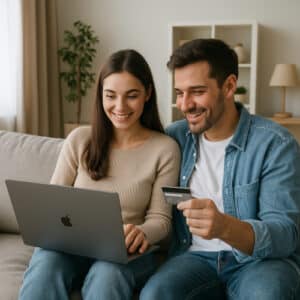 Coppia impegnata nell'acquisto di arredamento online con formula BNPL.