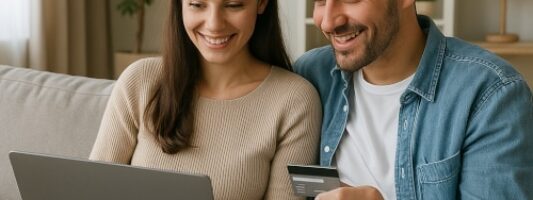 Coppia impegnata nell'acquisto di arredamento online con formula BNPL.