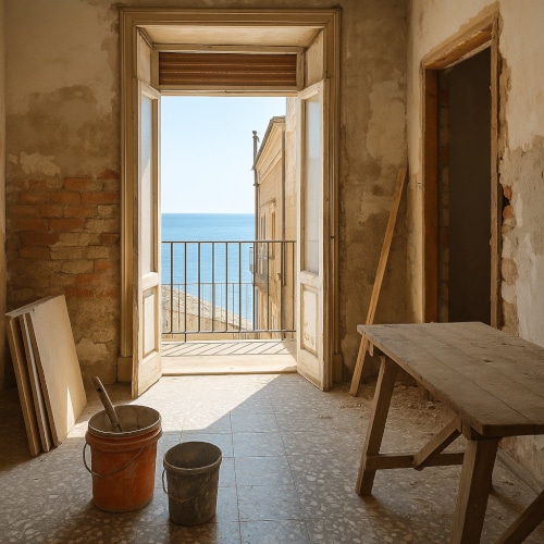 Una casa in fase di ristrutturazione a Crotone: una delle possibilità per chi vuol vivere o investire qui.