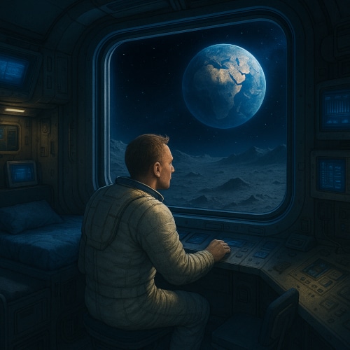 Astronauta nella casa sulla Luna progettata sul modello di Argonaut Habitat Unit.