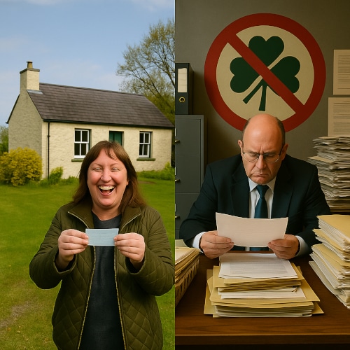 Donna felice con biglietto della lotteria immobiliare davanti a un cottage in Irlanda accanto a funzionario serio tra scartoffie, con segnale di divieto su quadrifoglio.