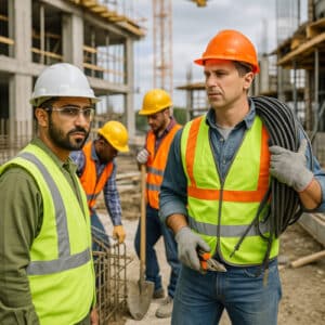 Operai edili tunisino e di diverse nazionalità al lavoro in un cantiere italiano, con dispositivi di sicurezza e attrezzature professionali.