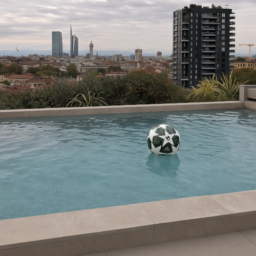 La piscina in terrazza nell'attico a Milano di Simone Inzaghi con pallone Champions League 2025.
