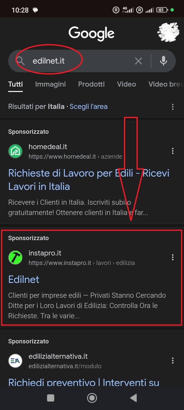 Screenshot di un annuncio sponsorizzato instapro.it che utilizza il nome Edilnet per attrarre clic in modo ingannevole. Scopri come riconoscere le truffe e tutelarti online. Attenzione alla truffa instapro.it: annuncio ingannevole su Google con nome Edilnet
