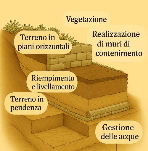 Come si fa il terrazzamento di un giardino: esempio di sezione tecnica.