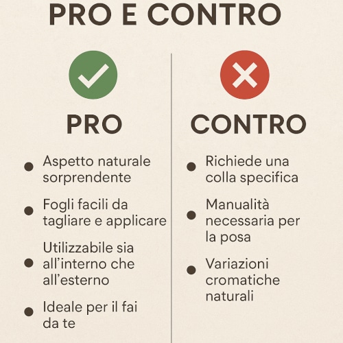 Infografica opinioni utenti pro e contro pietra naturale flessibile.