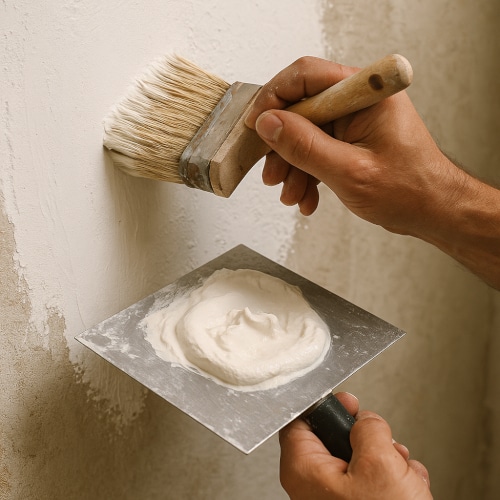 Dettaglio realistico di applicazione pittura a calce fai da te su parete.