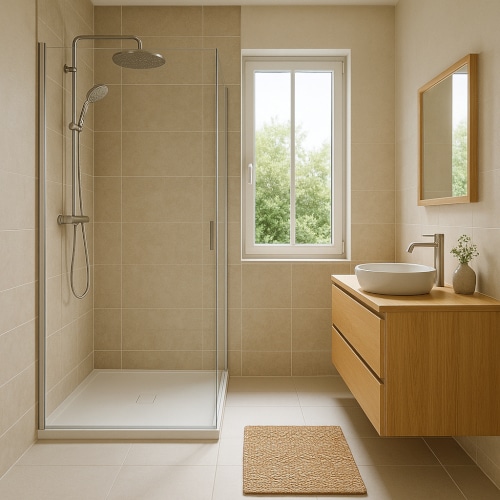 Bagno luminoso dal design moderno con doccia walk-in, mobile sospeso in legno naturale e rubinetteria ecologica. Stile minimal e materiali funzionali e sostenibili.