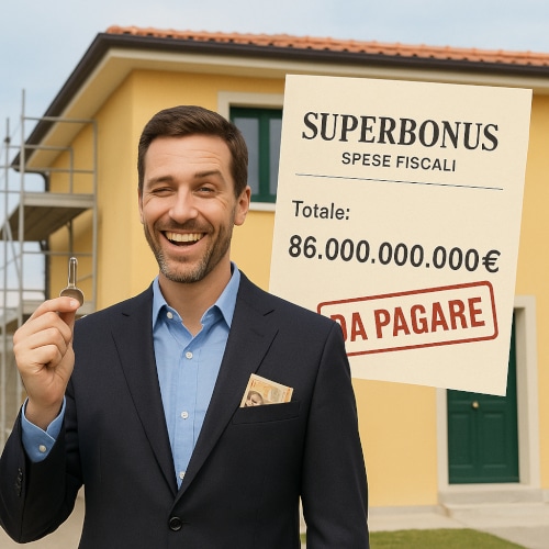 Uomo elegante sorride con chiave in mano davanti a casa ristrutturata, accanto a una fattura Superbonus da 86 miliardi con timbro “da pagare” insieme agli altri bonus edilizi.