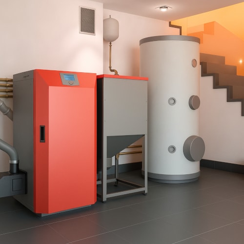 Caldaia a biomassa installata in un locale tecnico moderno di una casa per puntare all'implementazione dell'energia rinnovabile domestica in Italia.