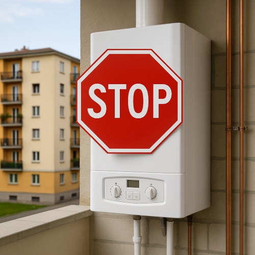 Caldaia a condensazione installata su parete esterna con simbolo di divieto rosso, in contesto condominiale italiano.