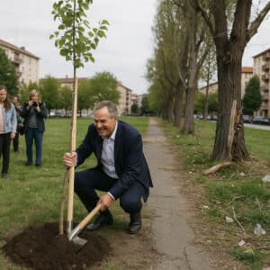 Forestazione urbana: amministratore pianta un albero in un parco italiano, mentre sullo sfondo si notano alberi trascurati e segni di degrado.