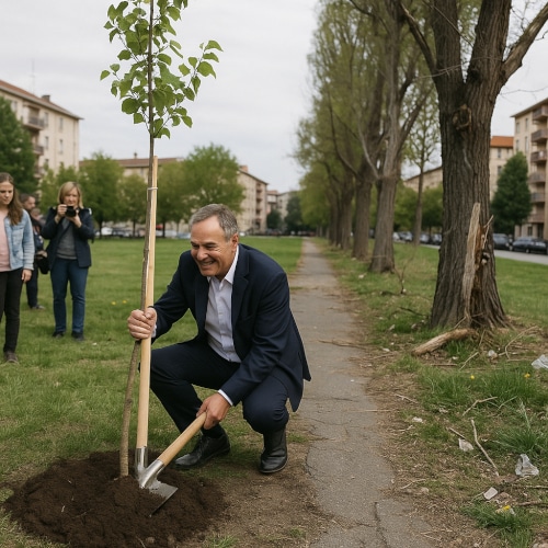 Forestazione urbana: amministratore pianta un albero in un parco italiano, mentre sullo sfondo si notano alberi trascurati e segni di degrado.