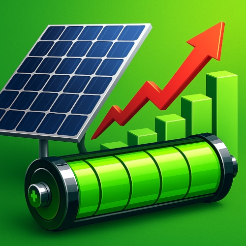 Pannello fotovoltaico ad accumulo con batteria verde e grafico a barre in crescita su sfondo verde, simbolo del risparmio energetico in bolletta.