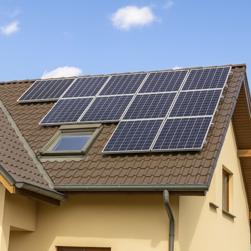 Impianto fotovoltaico su tetto di casa in contesto italiano.
