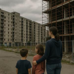 Famiglia osserva cantiere edilizio abbandonato in quartiere popolare, simbolo della crisi dell’housing accessibile in Italia.