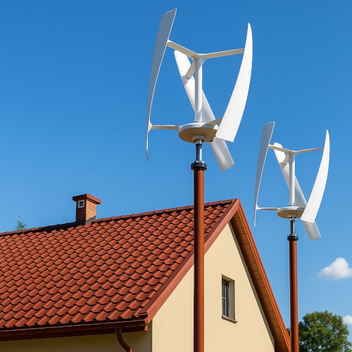 Impianto eolico domestico su tetto residenziale in Italia: una soluzione sostenibile per la produzione autonoma di energia grazie al vento.