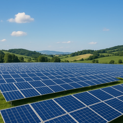 Campo fotovoltaico su colline sotto cielo azzurro, simbolo di energia pulita e sostenibilità delle rinnovabili in Italia.