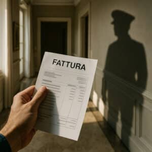 Una mano regge una fattura all’interno di un elegante corridoio domestico; sul muro si proietta l’ombra minacciosa di un uomo in divisa, simbolo di possibile abuso di potere.