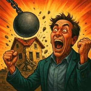 Uomo esasperato davanti a una casa distrutta da una palla demolitrice, espressione parossistica, simbolo della protesta contro le tasse sulla casa e sul sismabonus acquisti.